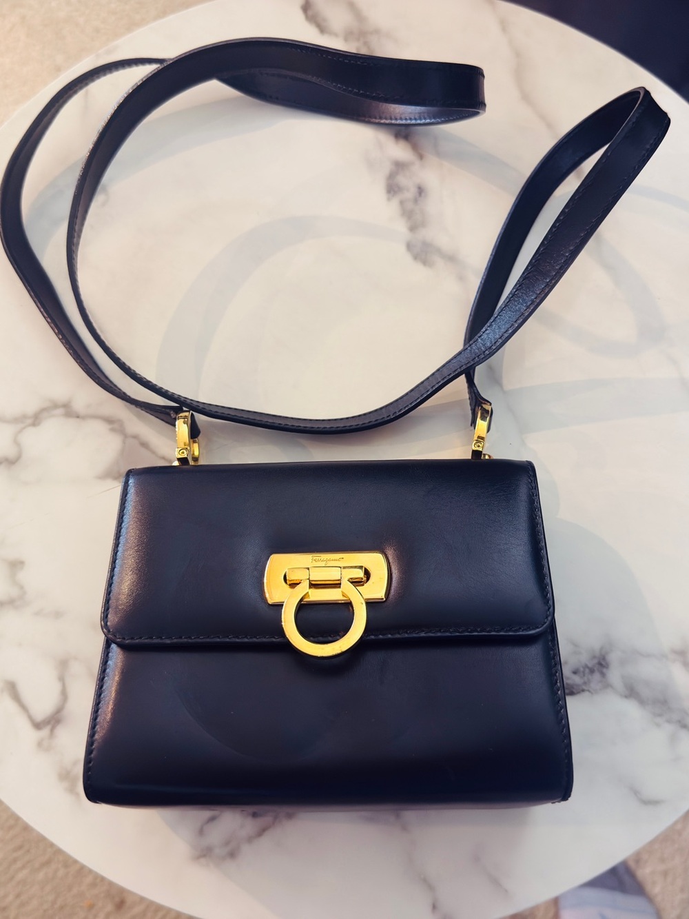 Salvatore Ferragamo Gancini Mini Flap Bag Black Calfskin Leather Gold Crossbody